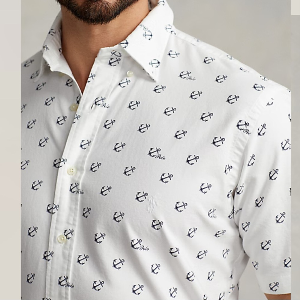 POLO RALPH LAUREN Men’s 2XLT Big & Tall White All Over Anchor Print Oxford Shirt